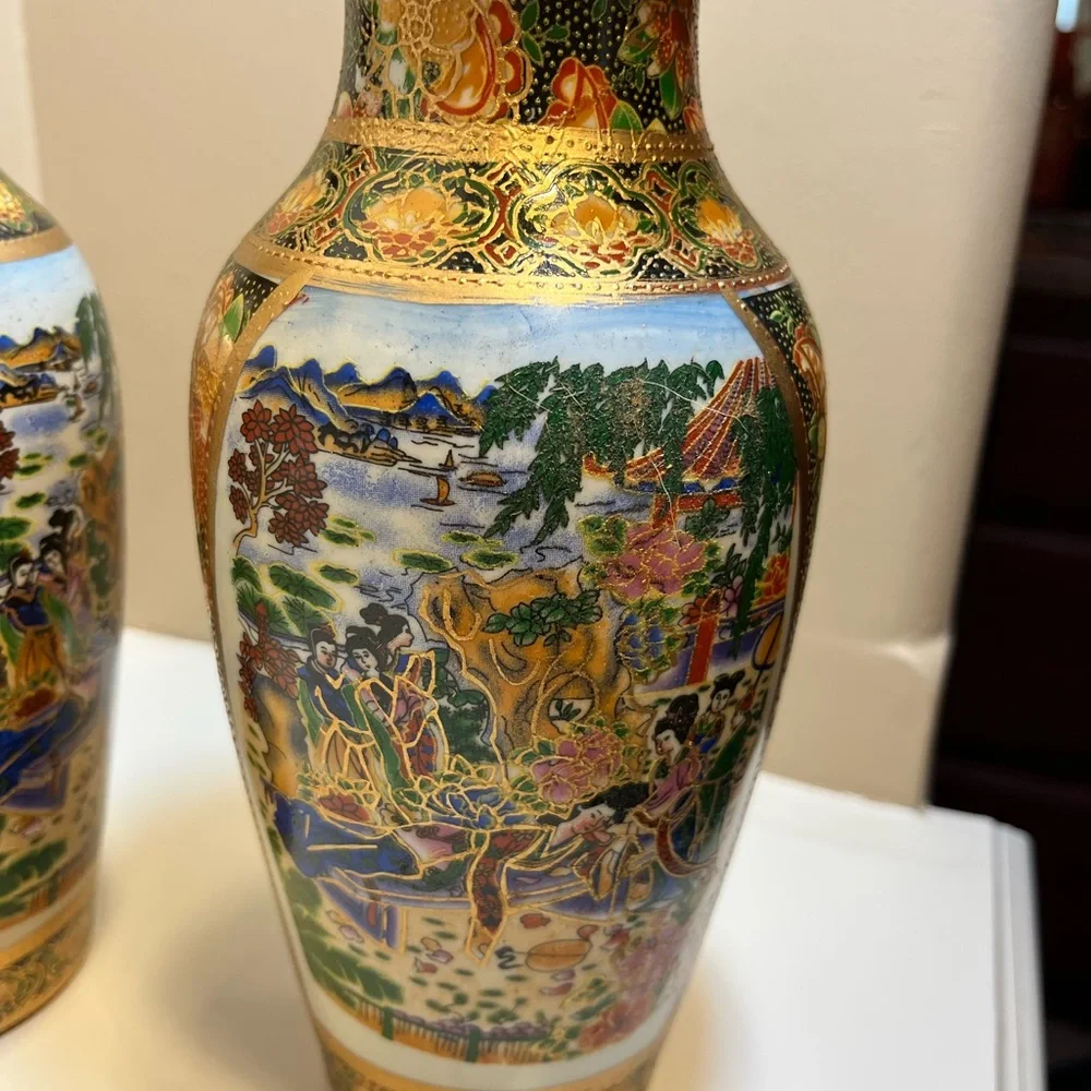 Vintage Samsuma Style Hand Painted Vases